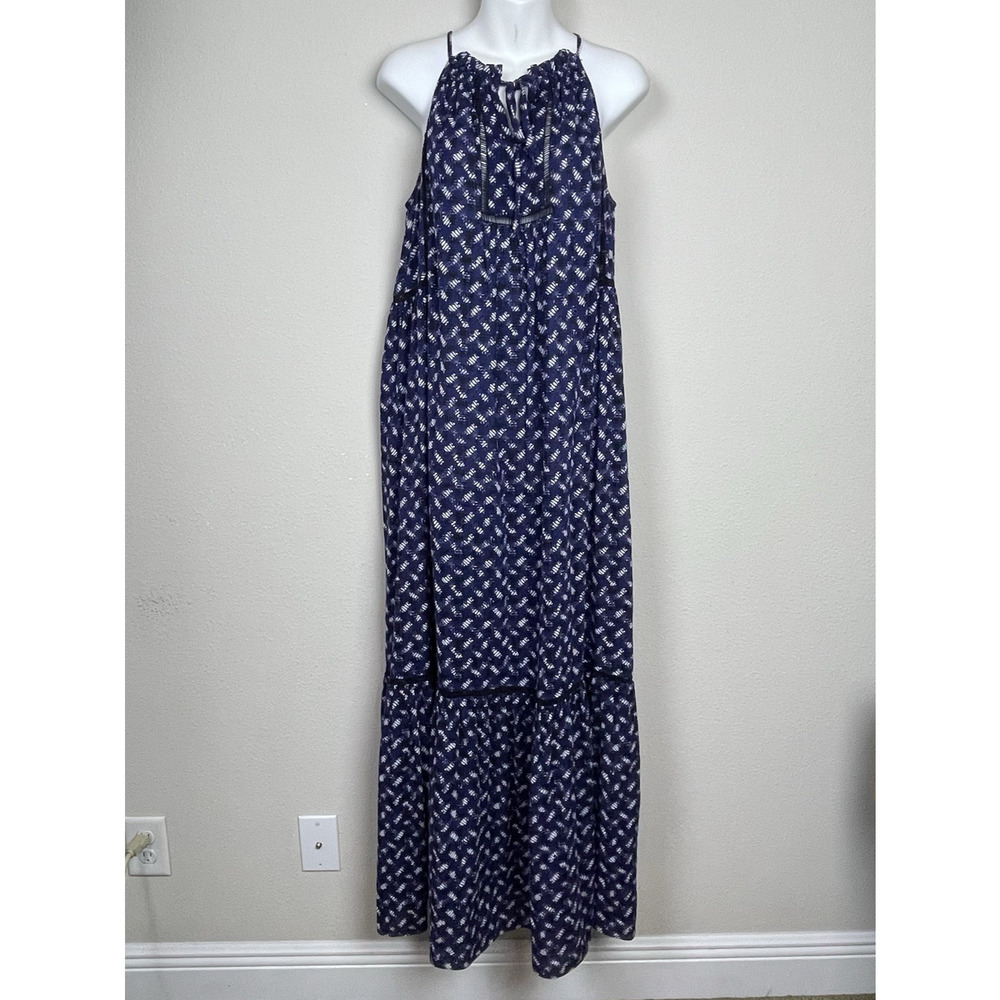 Rebecca Taylor Blue White Abstract Print Criss-Cross Weave Trim Maxi Dress Sz 4